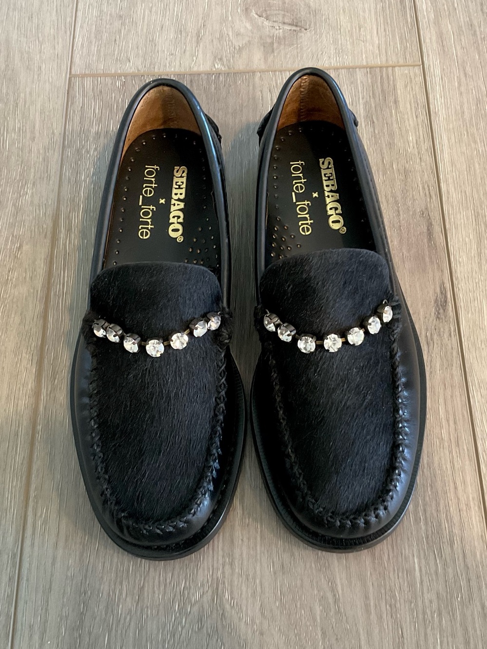FORTE_FORTE X SEBAGO Crystal-embellished Cow Fur Loafers in Black Leather Sz 6